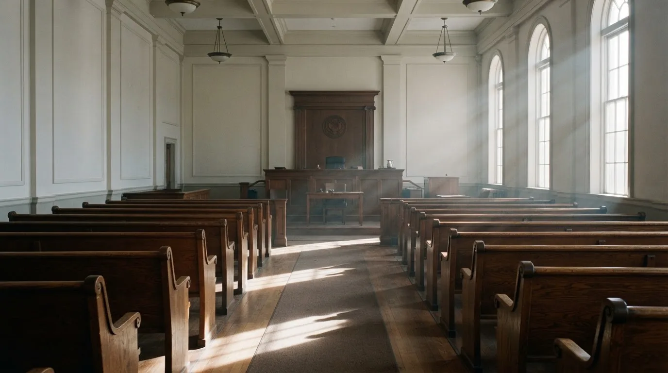 An empty courtroom with wooden benches in morning light