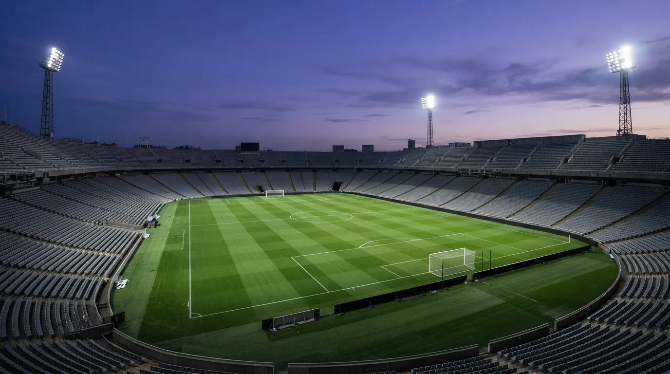 An empty football stadium with floodlight masts at dusk
