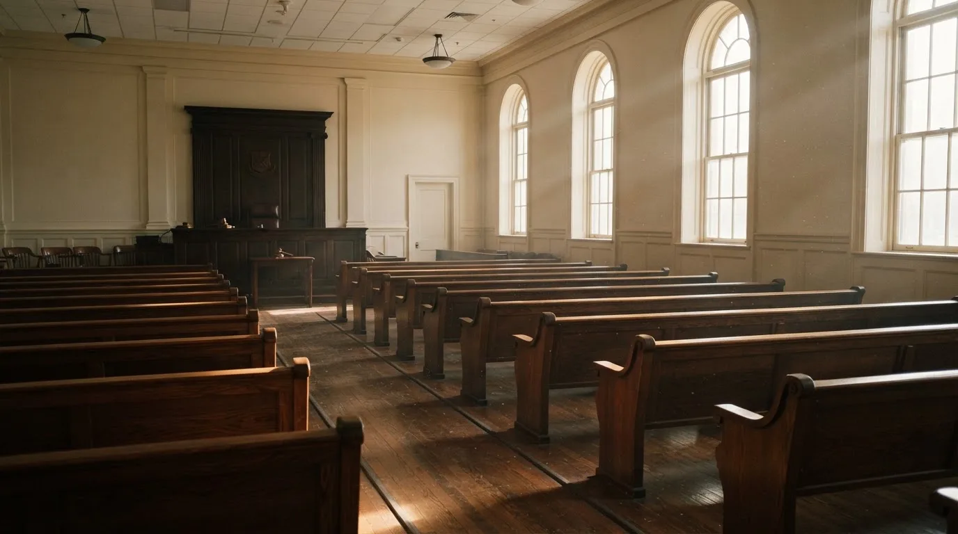 An empty courtroom with wooden benches in morning light