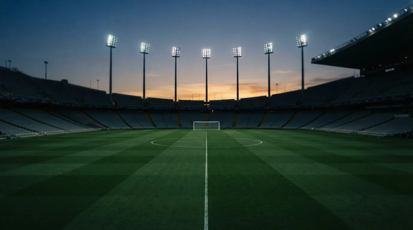 An empty football stadium with floodlight masts at dusk