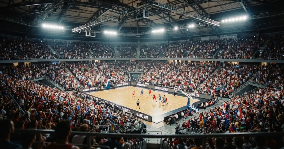 A packed sports hall under floodlights photographed from a long way off