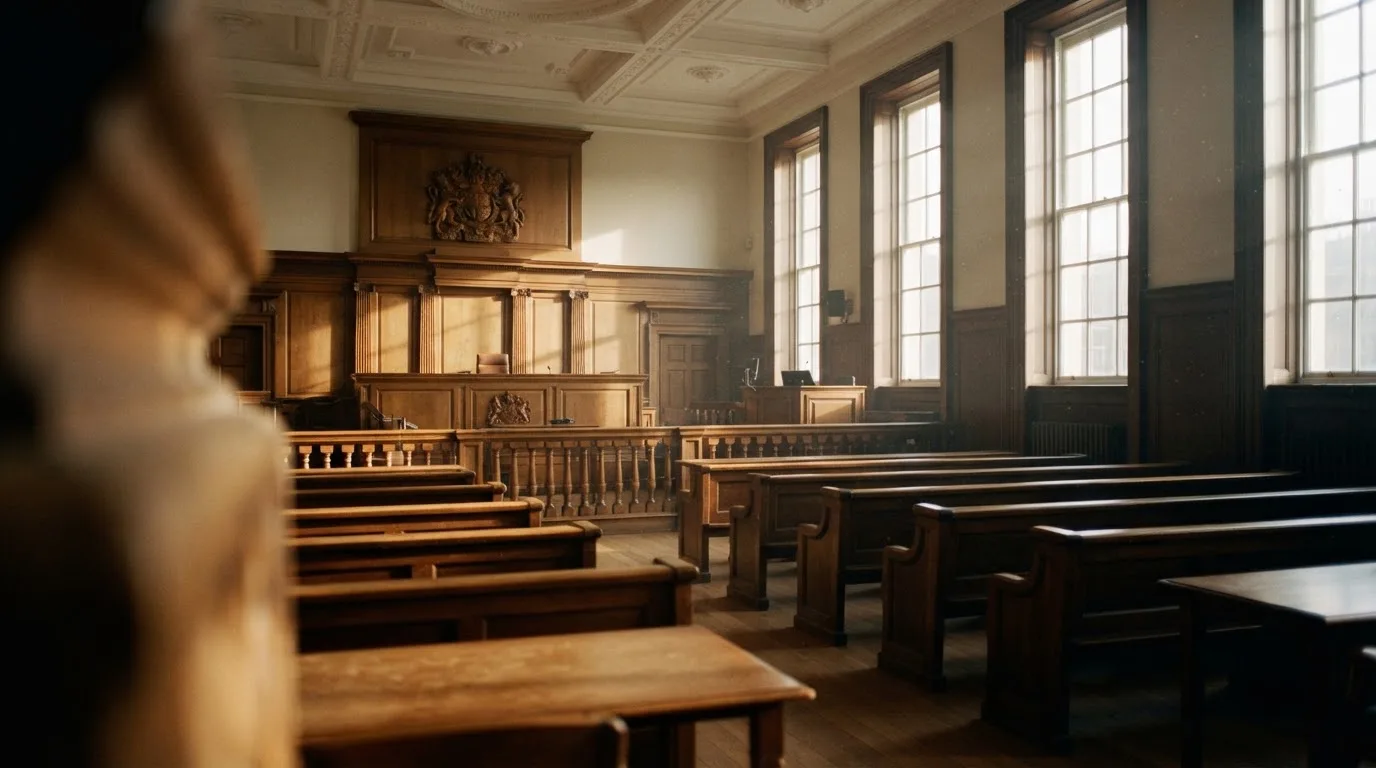 An empty courtroom with wooden benches in morning light