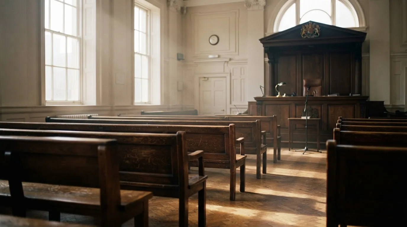 An empty courtroom with wooden benches in morning light