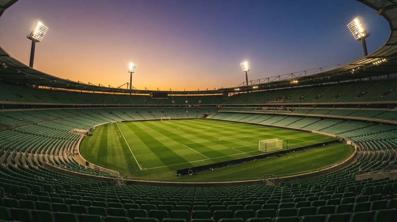 An empty football stadium with floodlight masts at dusk