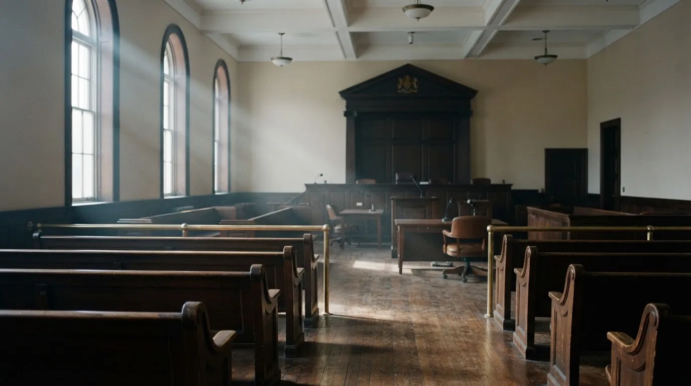 An empty courtroom with wooden benches in morning light