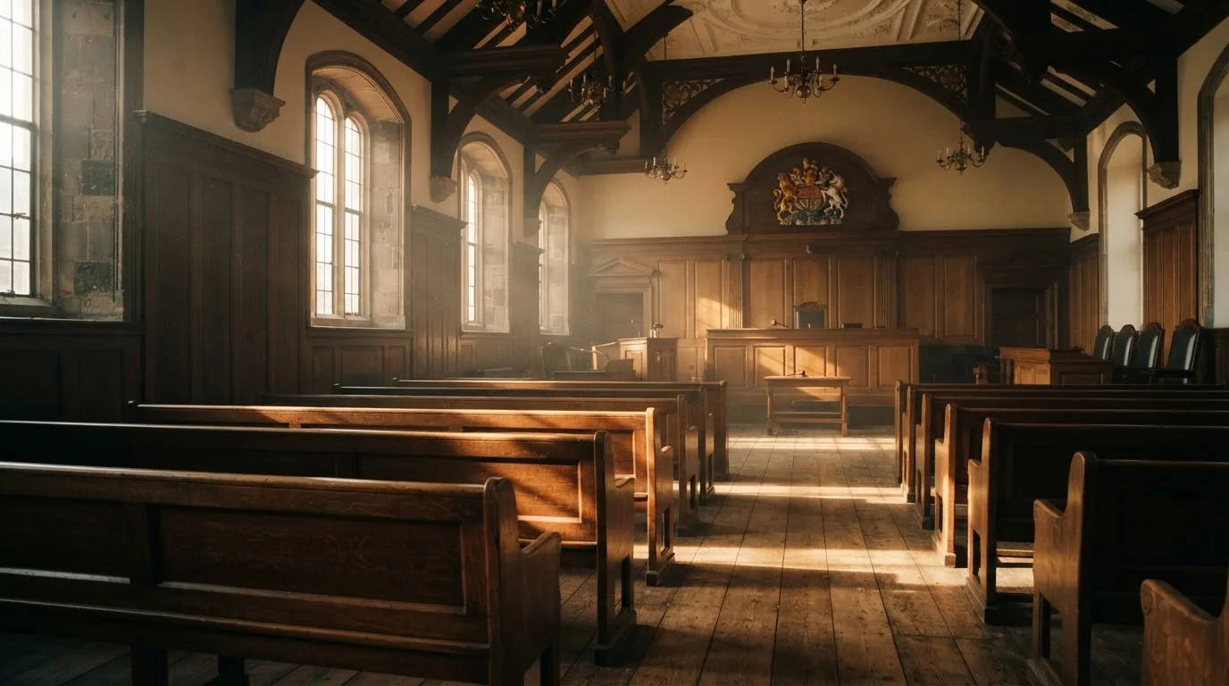 An empty courtroom with wooden benches in morning light