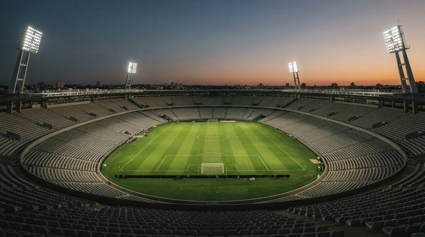 An empty football stadium with floodlight masts at dusk