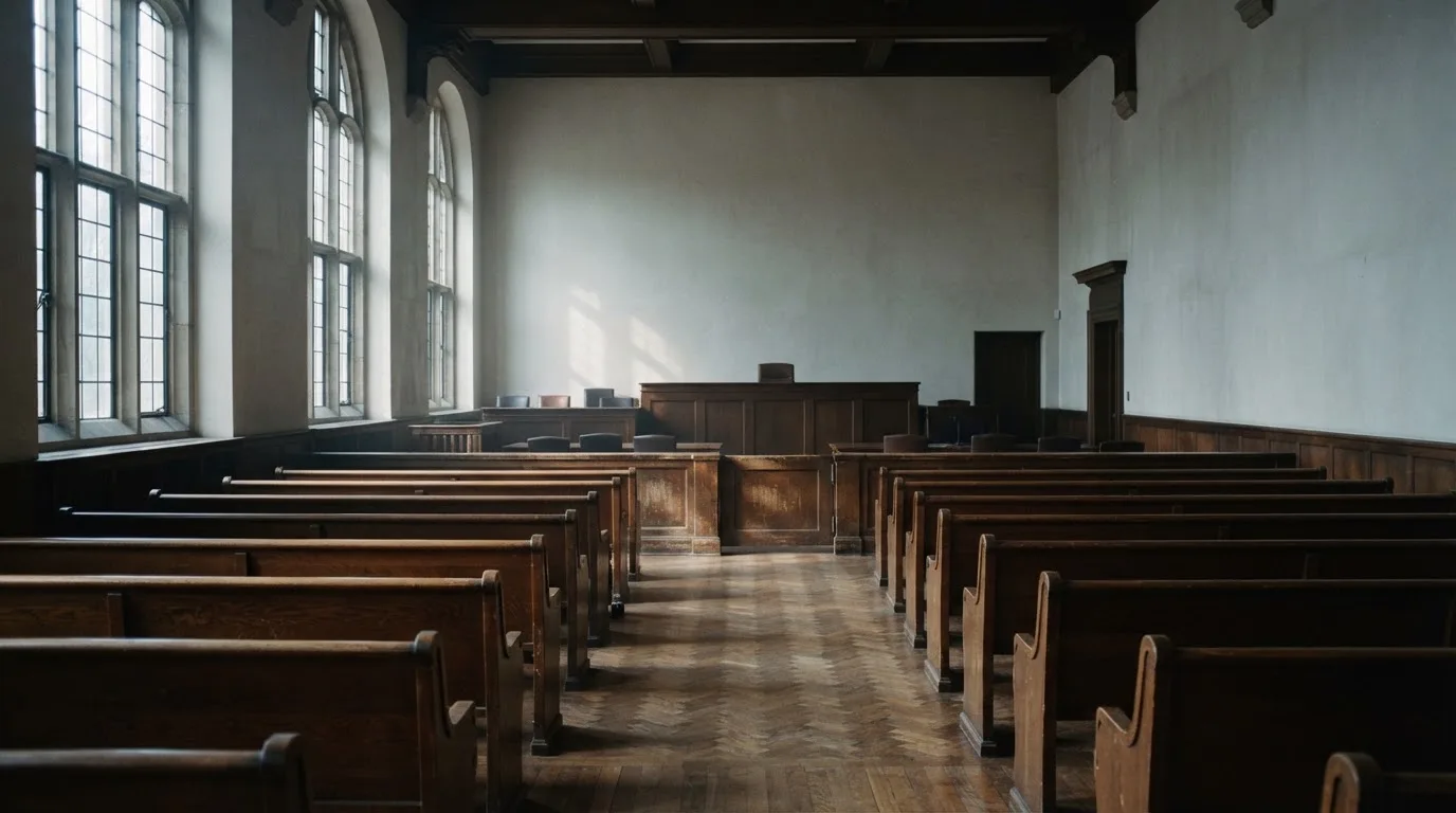 An empty courtroom with wooden benches in morning light