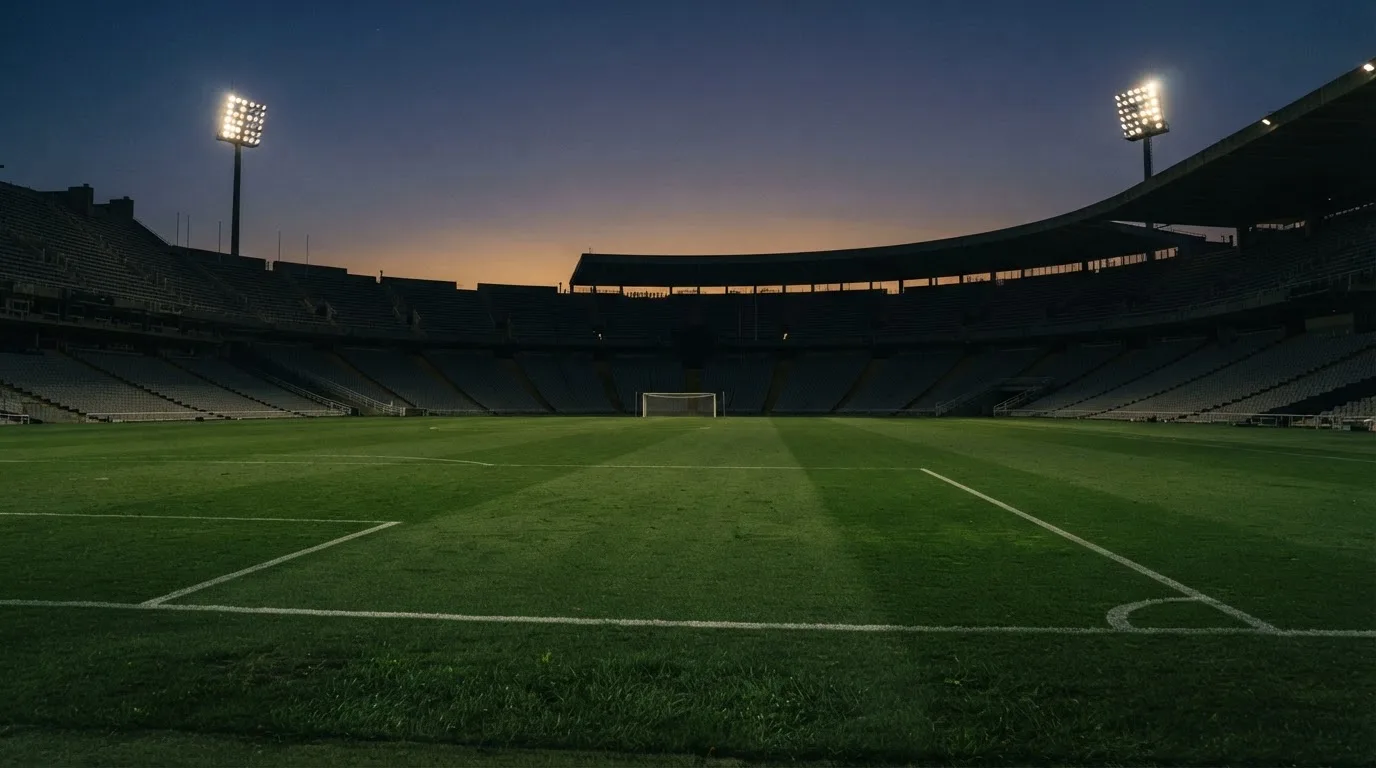 An empty football stadium with floodlight masts at dusk