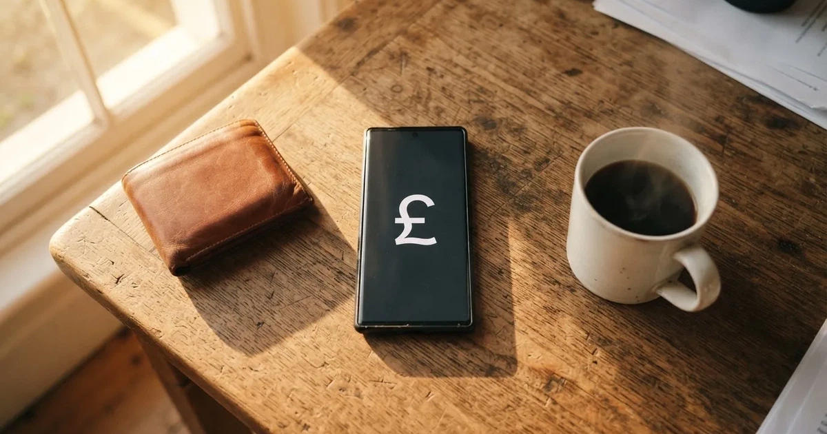 A smartphone on a wooden table beside a wallet and a coffee cup