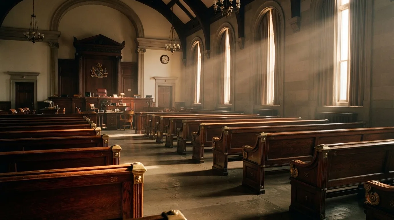 An empty courtroom with wooden benches in morning light