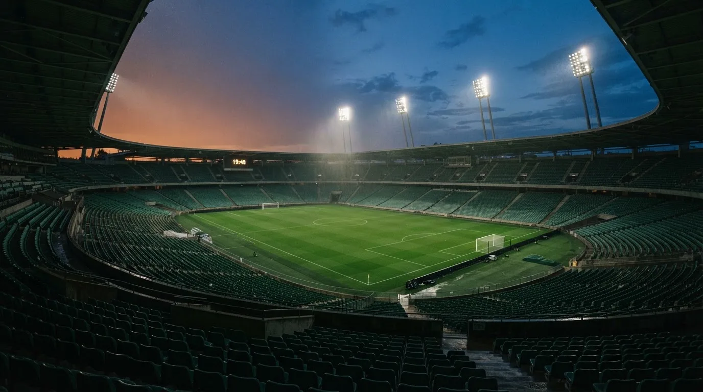 An empty football stadium with floodlight masts at dusk