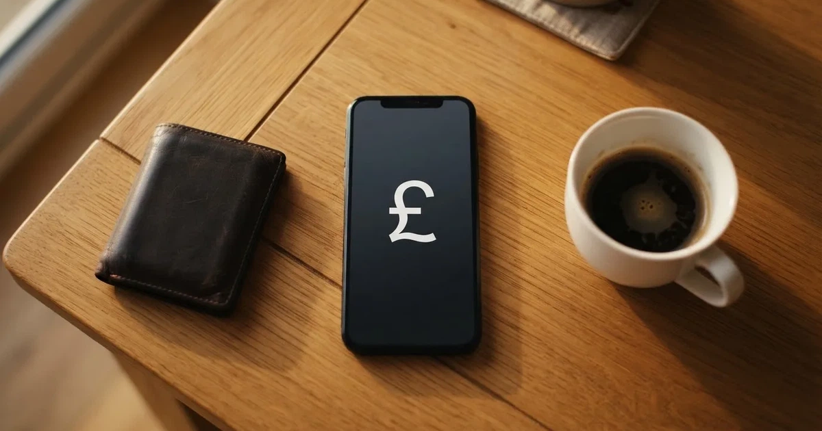 A smartphone on a wooden table beside a wallet and a coffee cup