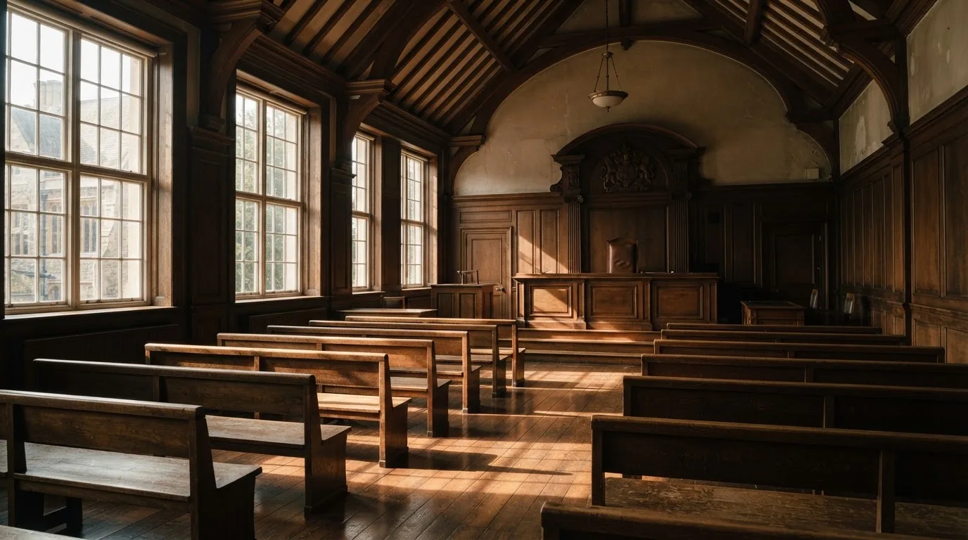 An empty courtroom with wooden benches in morning light