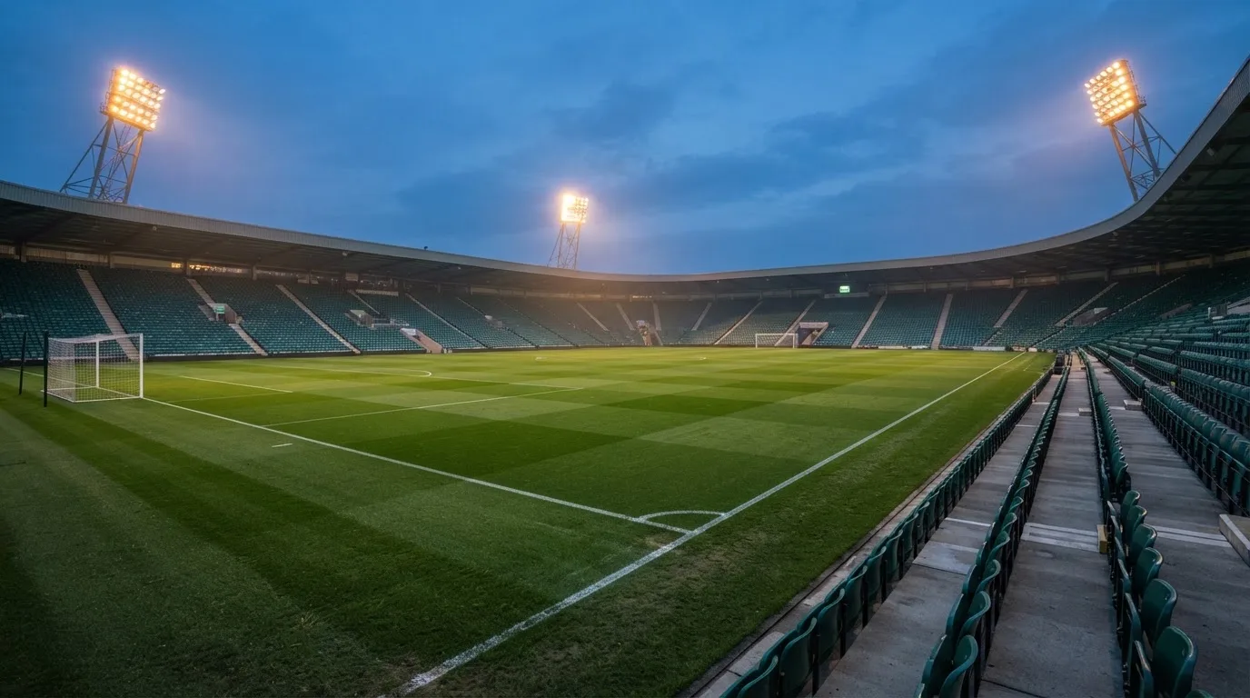 An empty football stadium with floodlight masts at dusk