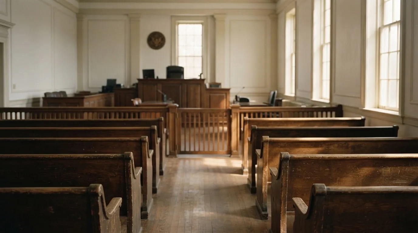 An empty courtroom with wooden benches in morning light