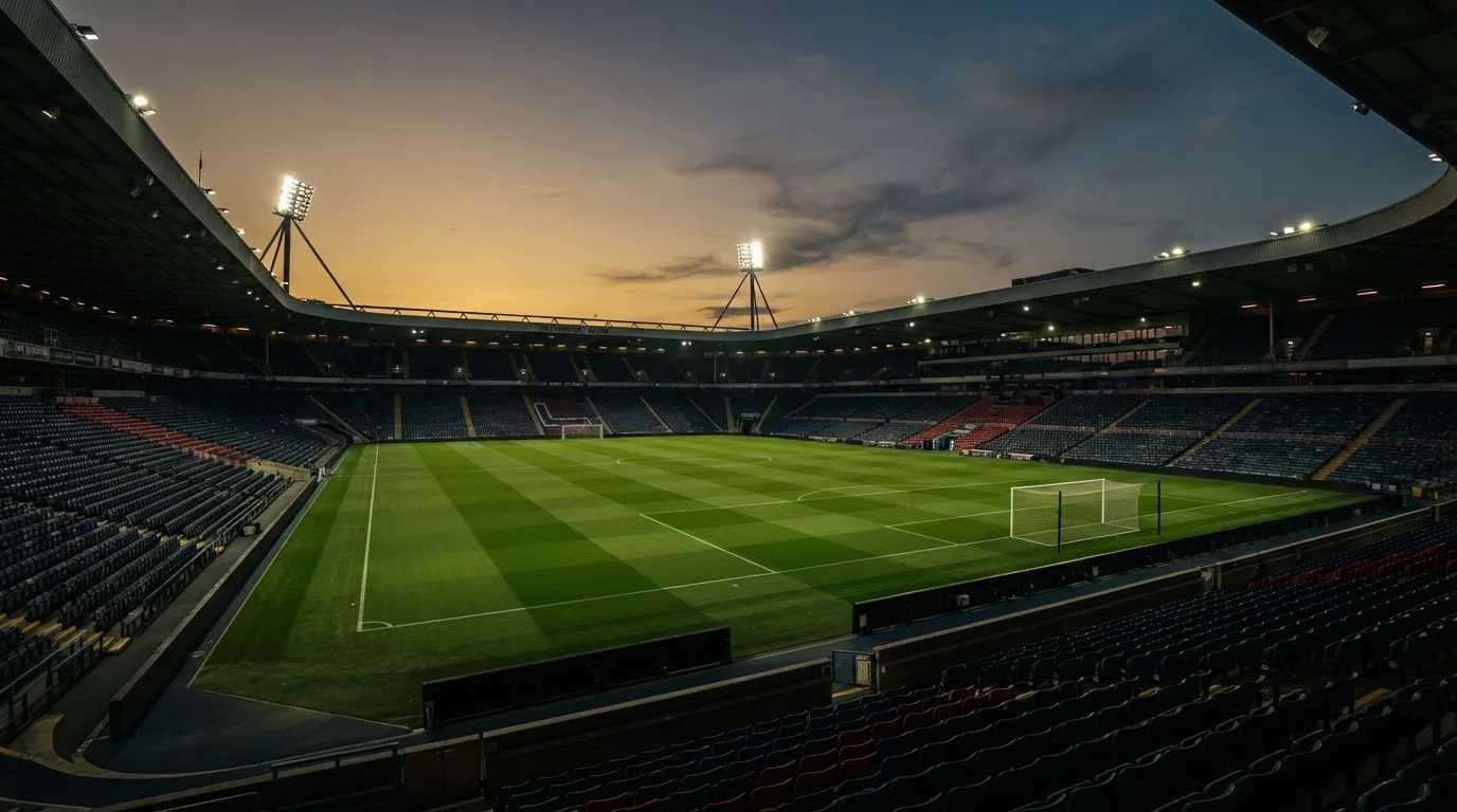 An empty football stadium with floodlight masts at dusk