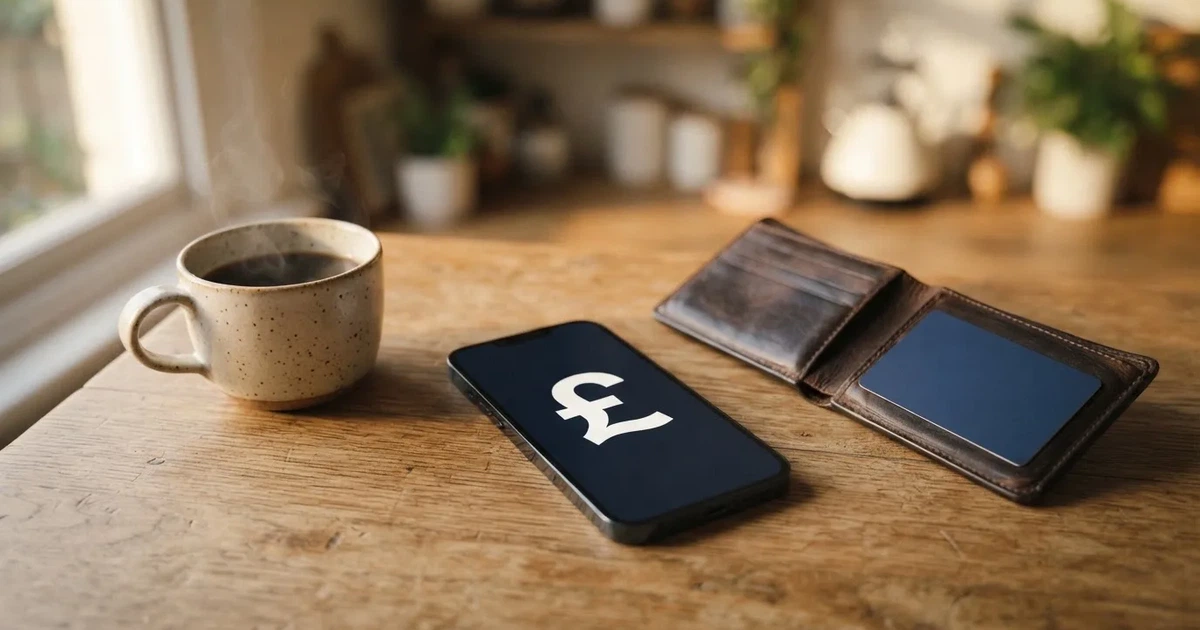 A smartphone on a wooden table beside a wallet and a coffee cup