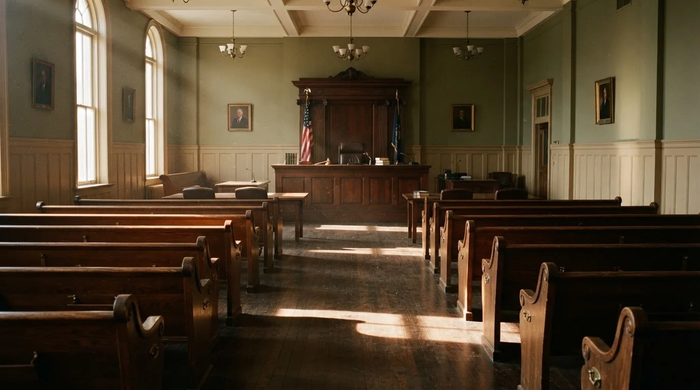 An empty courtroom with wooden benches in morning light