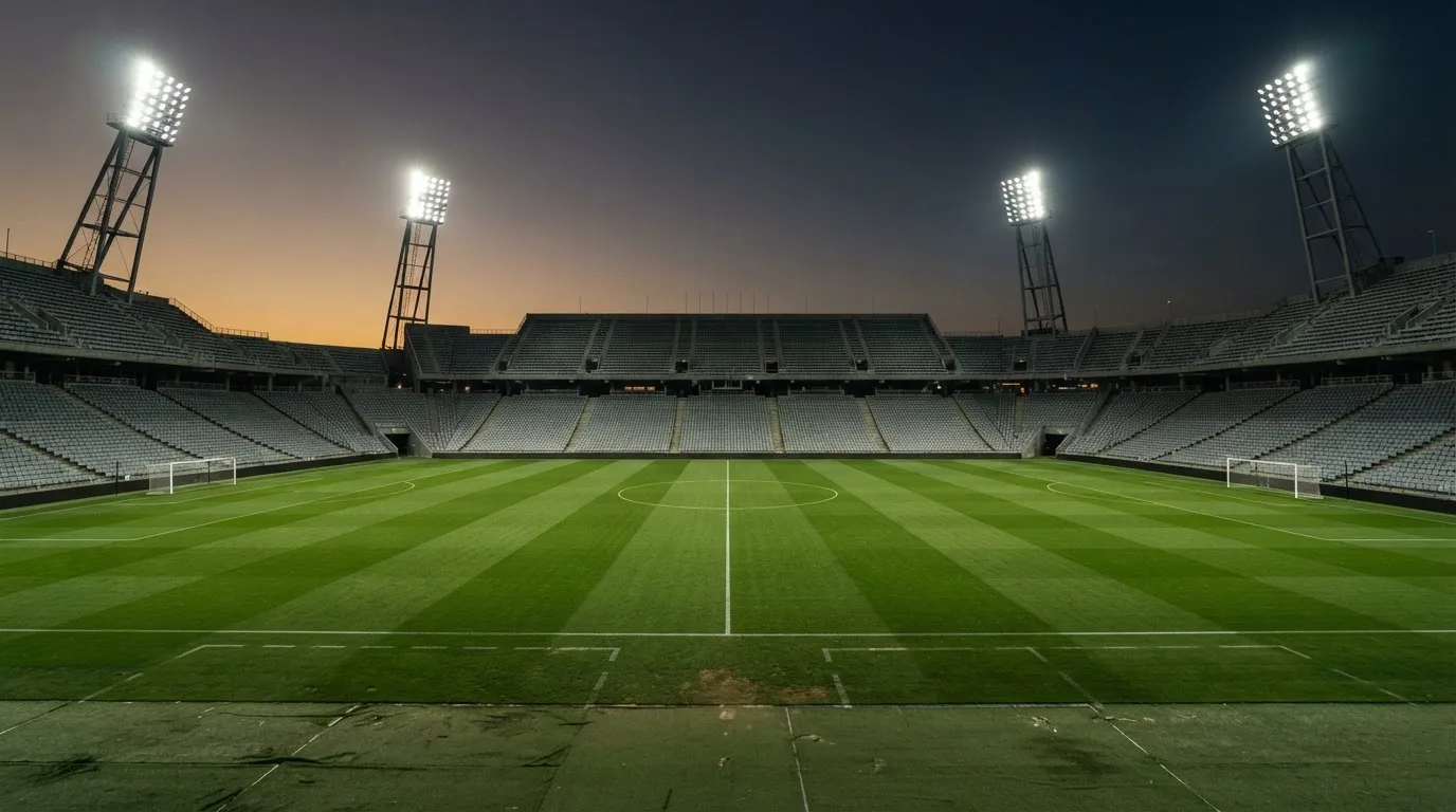 An empty football stadium with floodlight masts at dusk