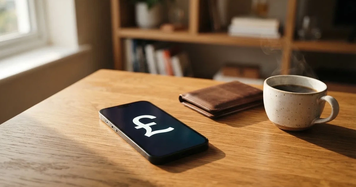 A smartphone on a wooden table beside a wallet and a coffee cup