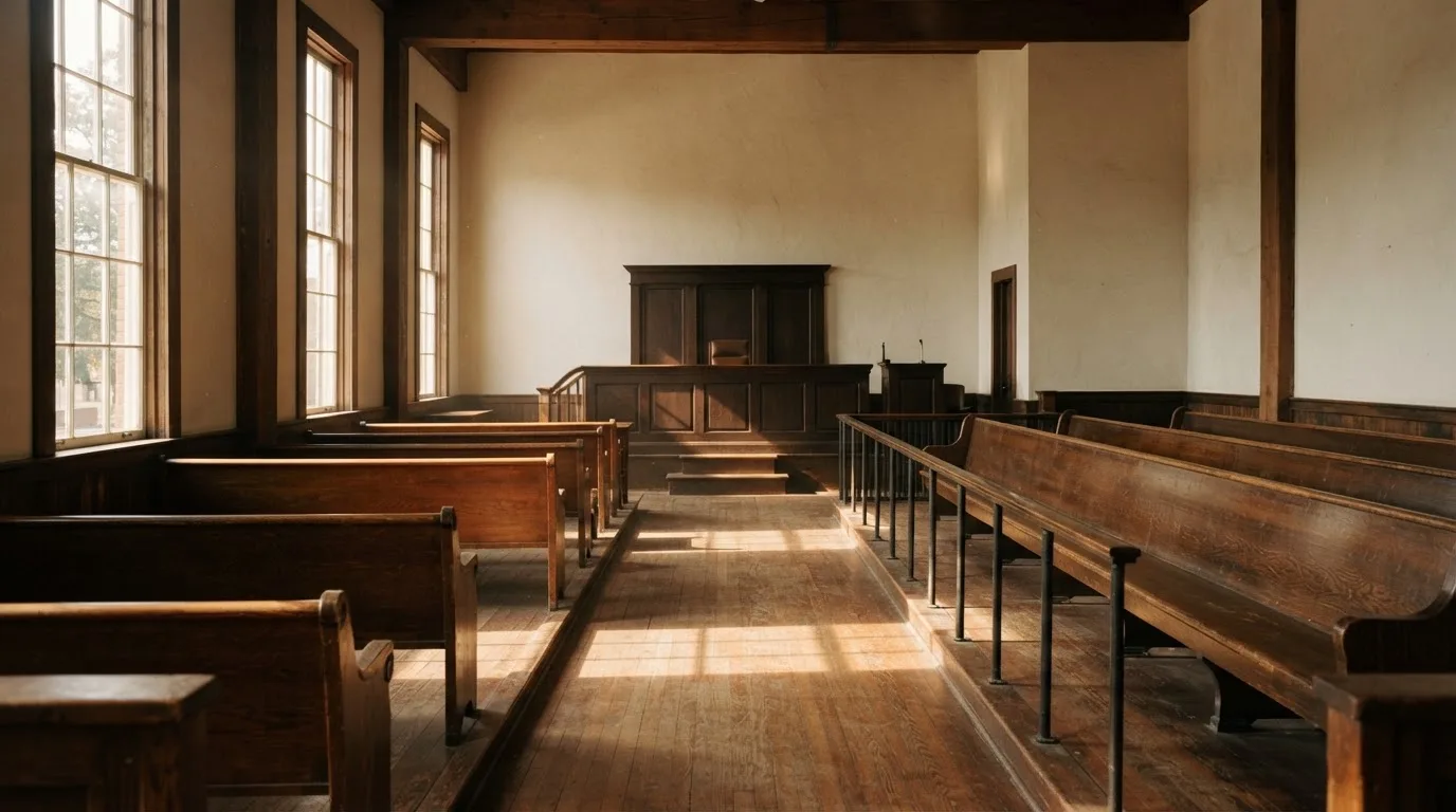 An empty courtroom with wooden benches in morning light
