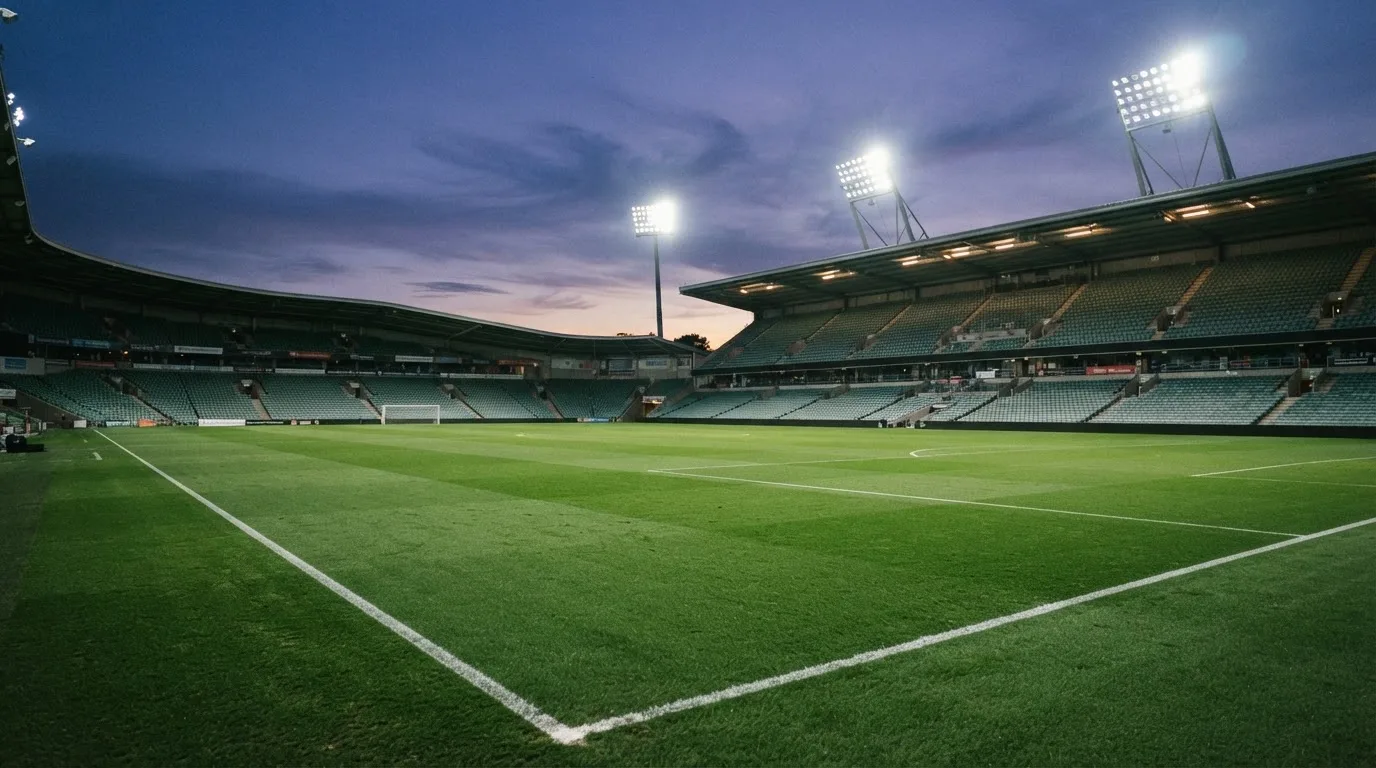 An empty football stadium with floodlight masts at dusk