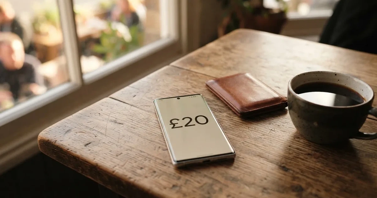 A smartphone on a wooden table beside a wallet and a coffee cup