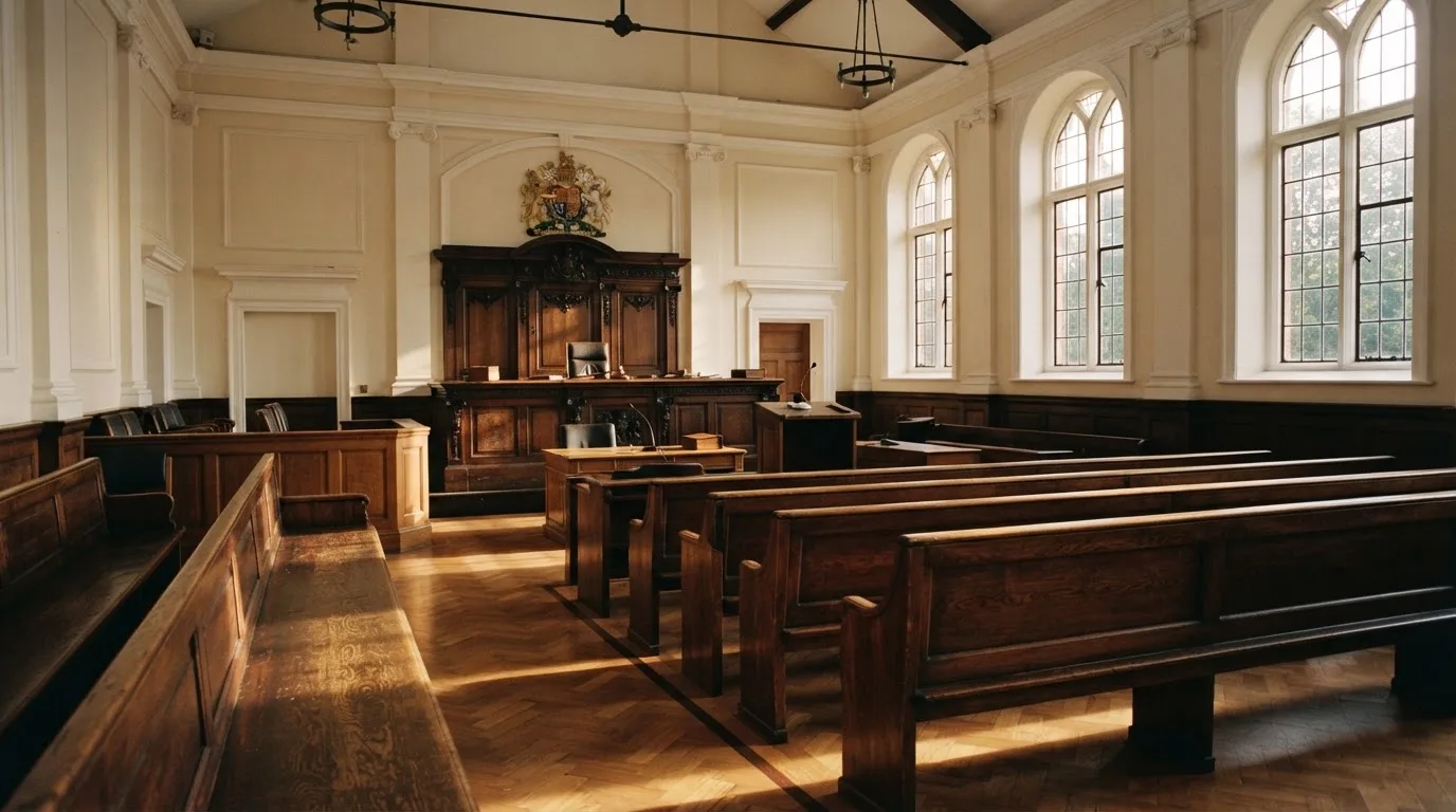 An empty courtroom with wooden benches in morning light