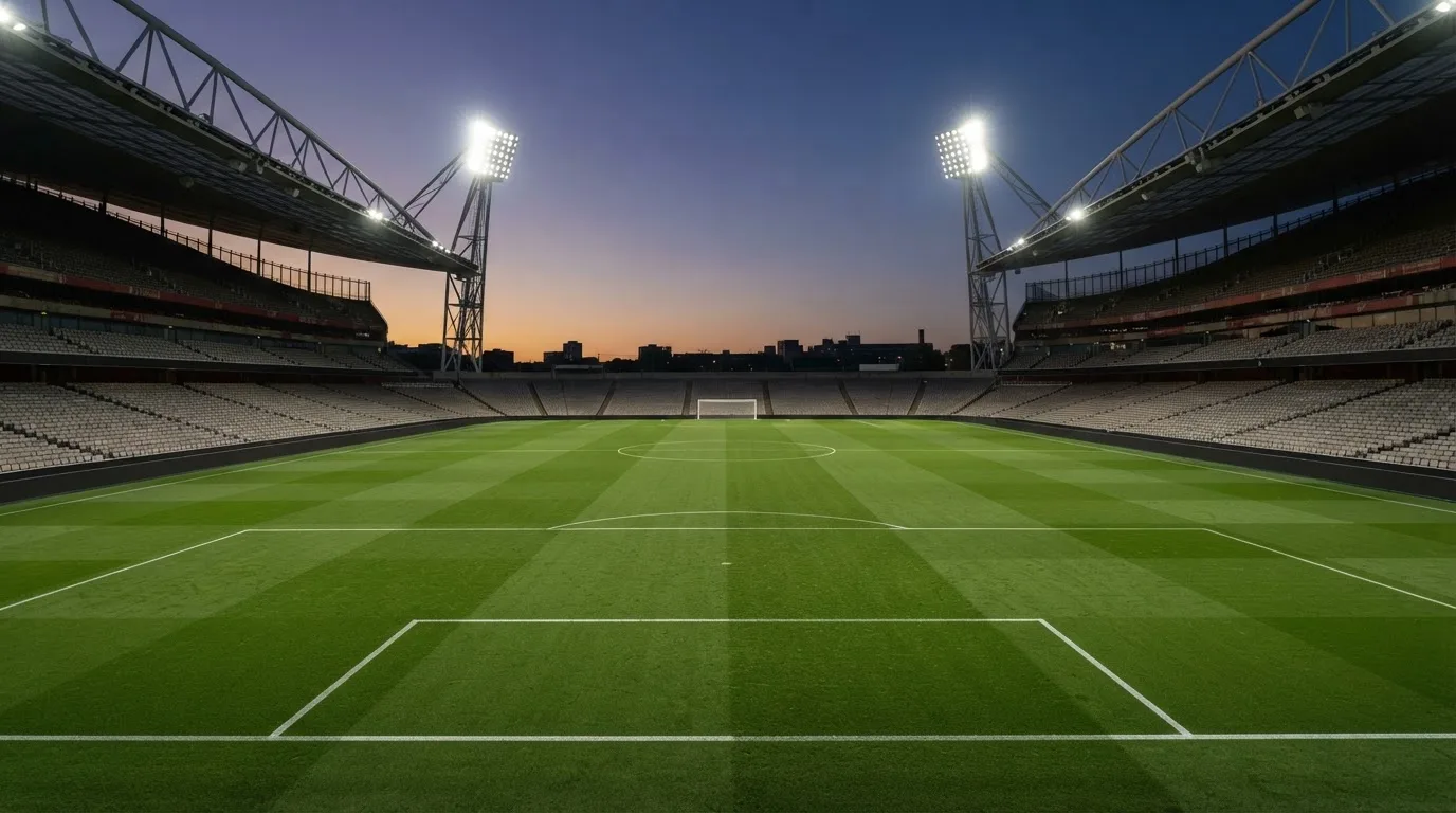 An empty football stadium with floodlight masts at dusk