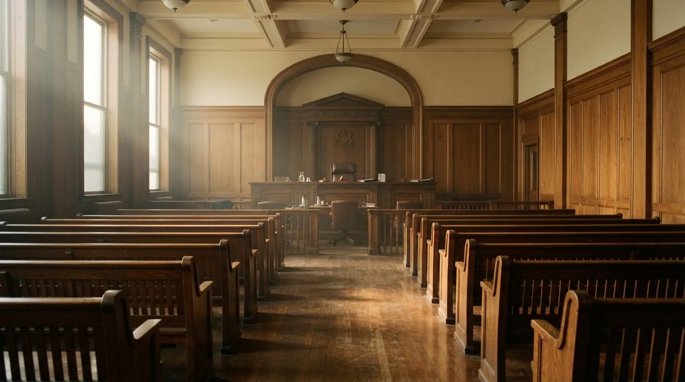 An empty courtroom with wooden benches in morning light