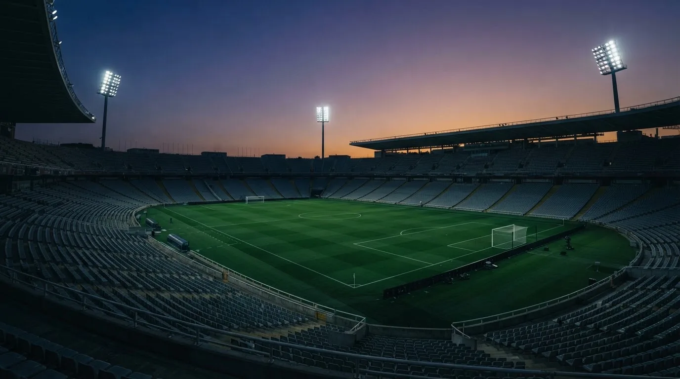 An empty football stadium with floodlight masts at dusk