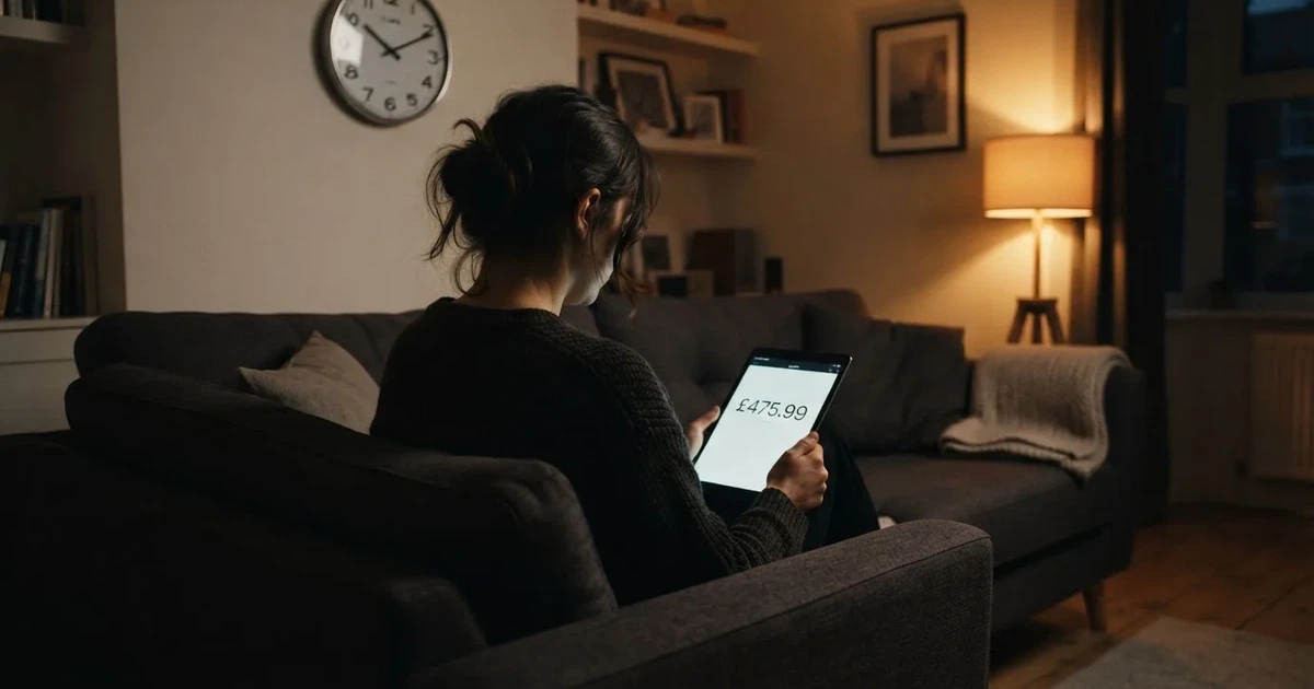 A person on a sofa looking thoughtfully at a tablet, a wall clock in the background