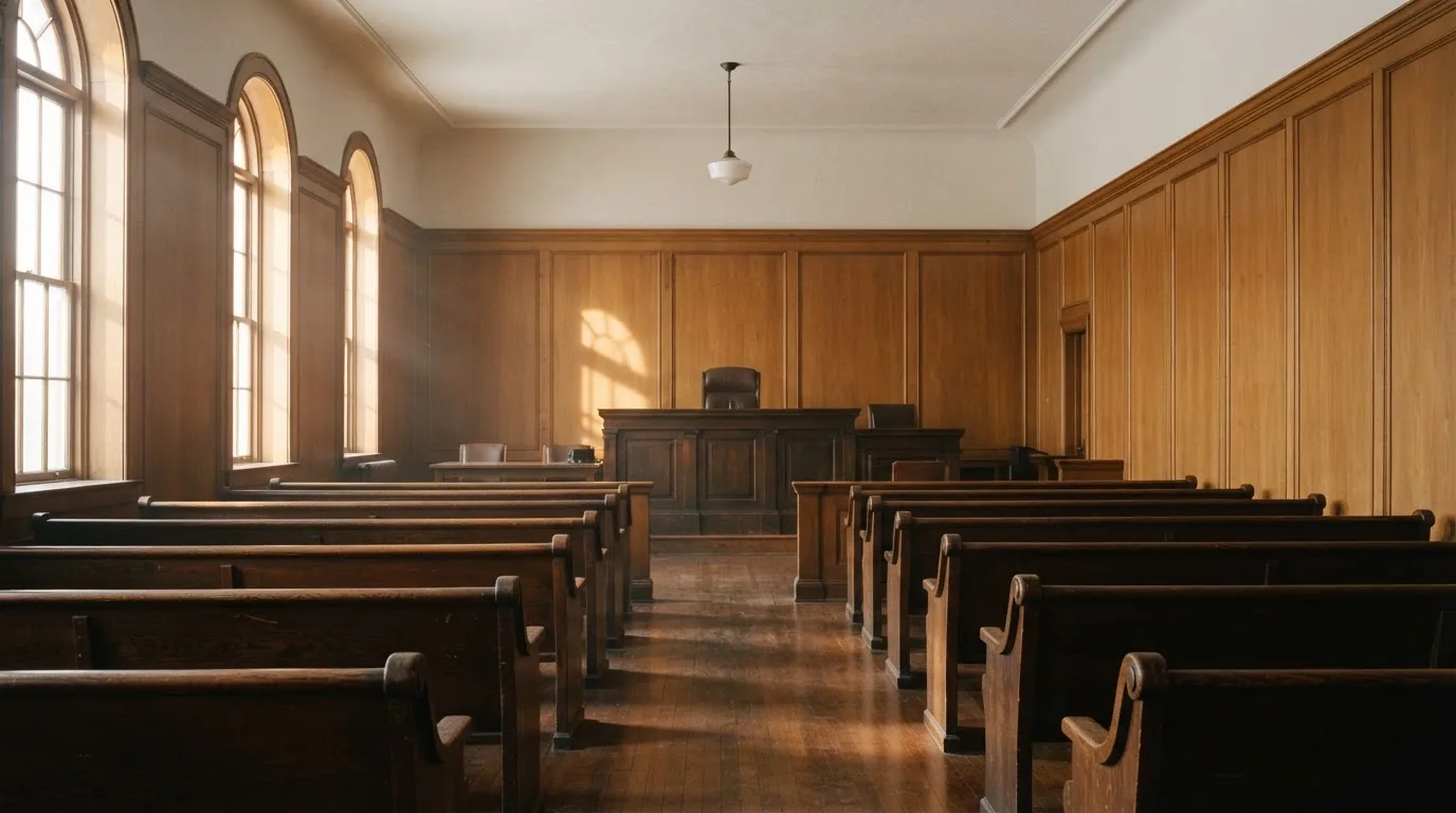 An empty courtroom with wooden benches in morning light