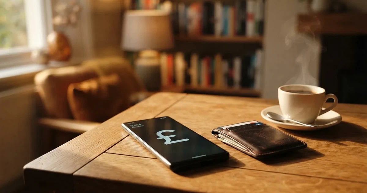 A smartphone on a wooden table beside a wallet and a coffee cup