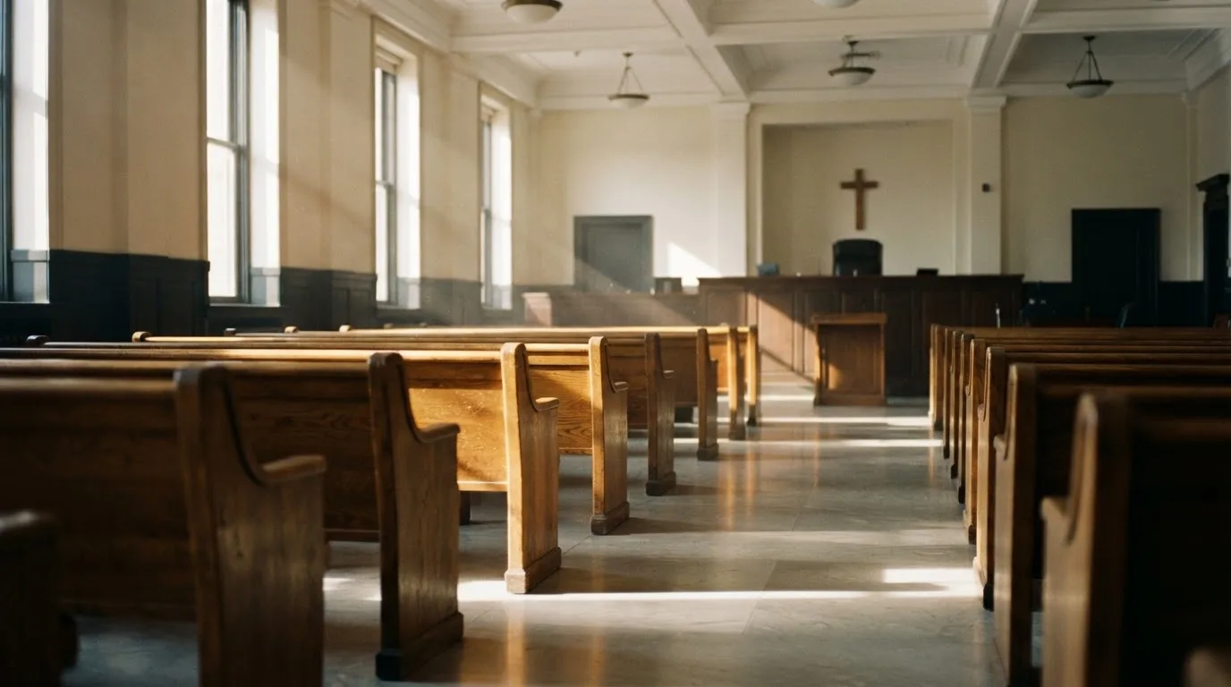 An empty courtroom with wooden benches in morning light