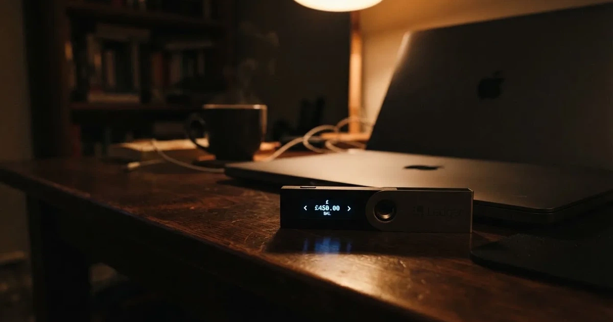 A hardware wallet and a closed laptop on a desk in dim light