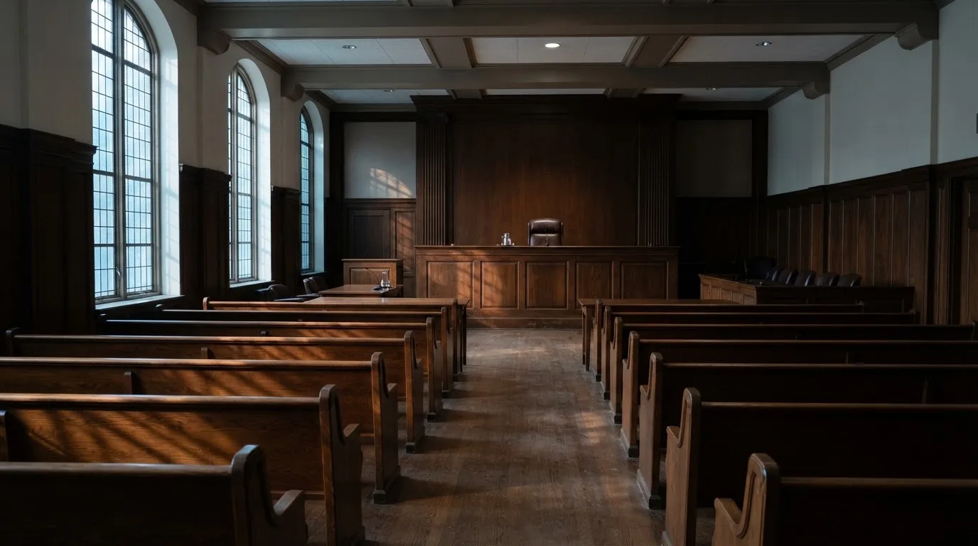 An empty courtroom with wooden benches in morning light