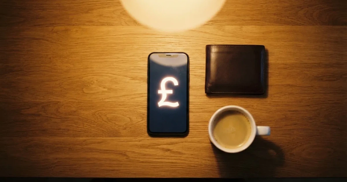 A smartphone on a wooden table beside a wallet and a coffee cup