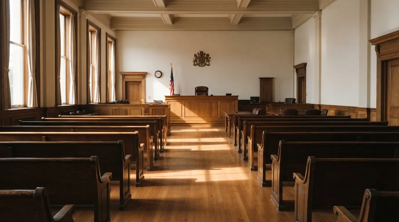 An empty courtroom with wooden benches in morning light
