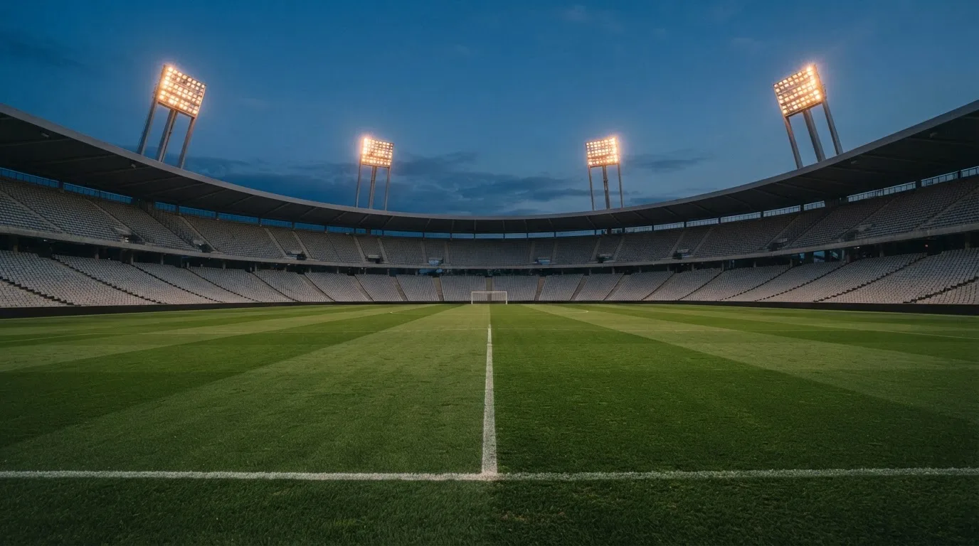 An empty football stadium with floodlight masts at dusk