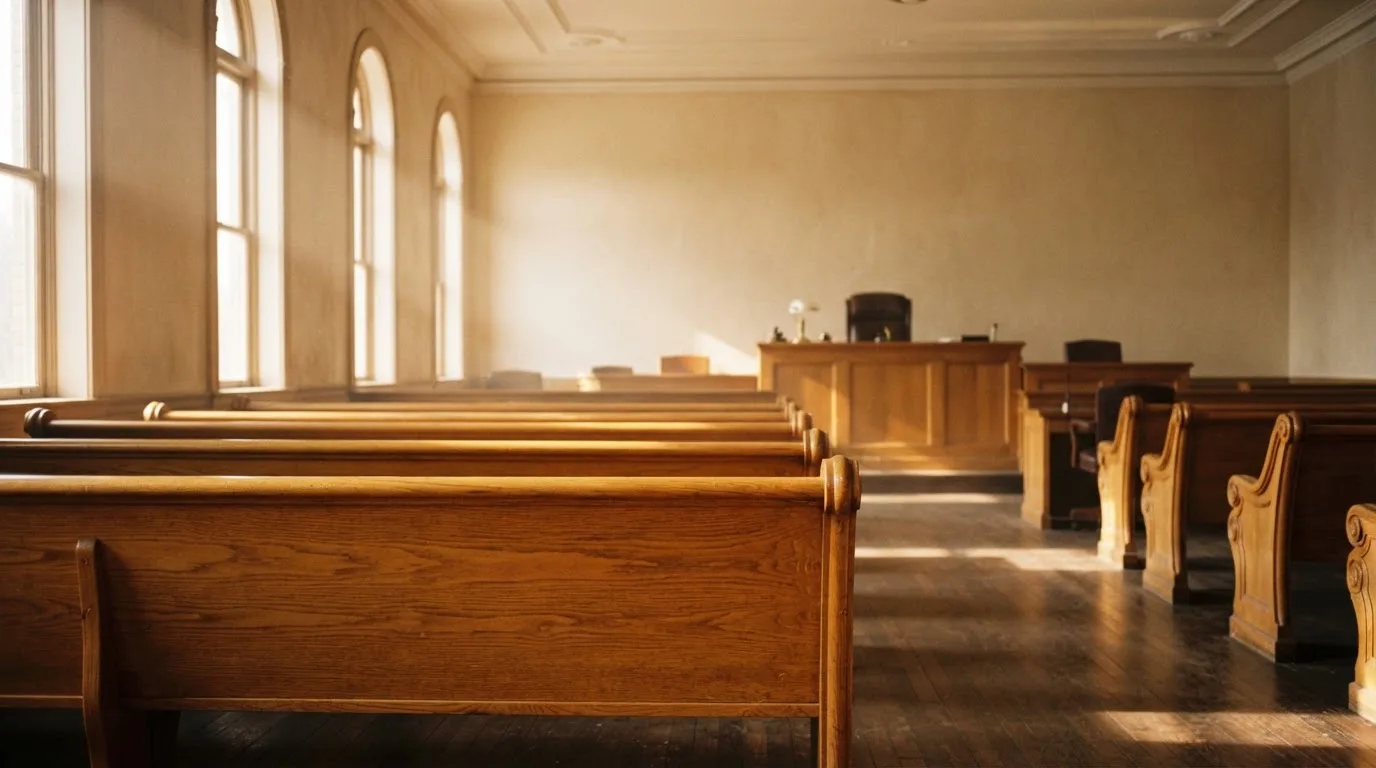 An empty courtroom with wooden benches in morning light