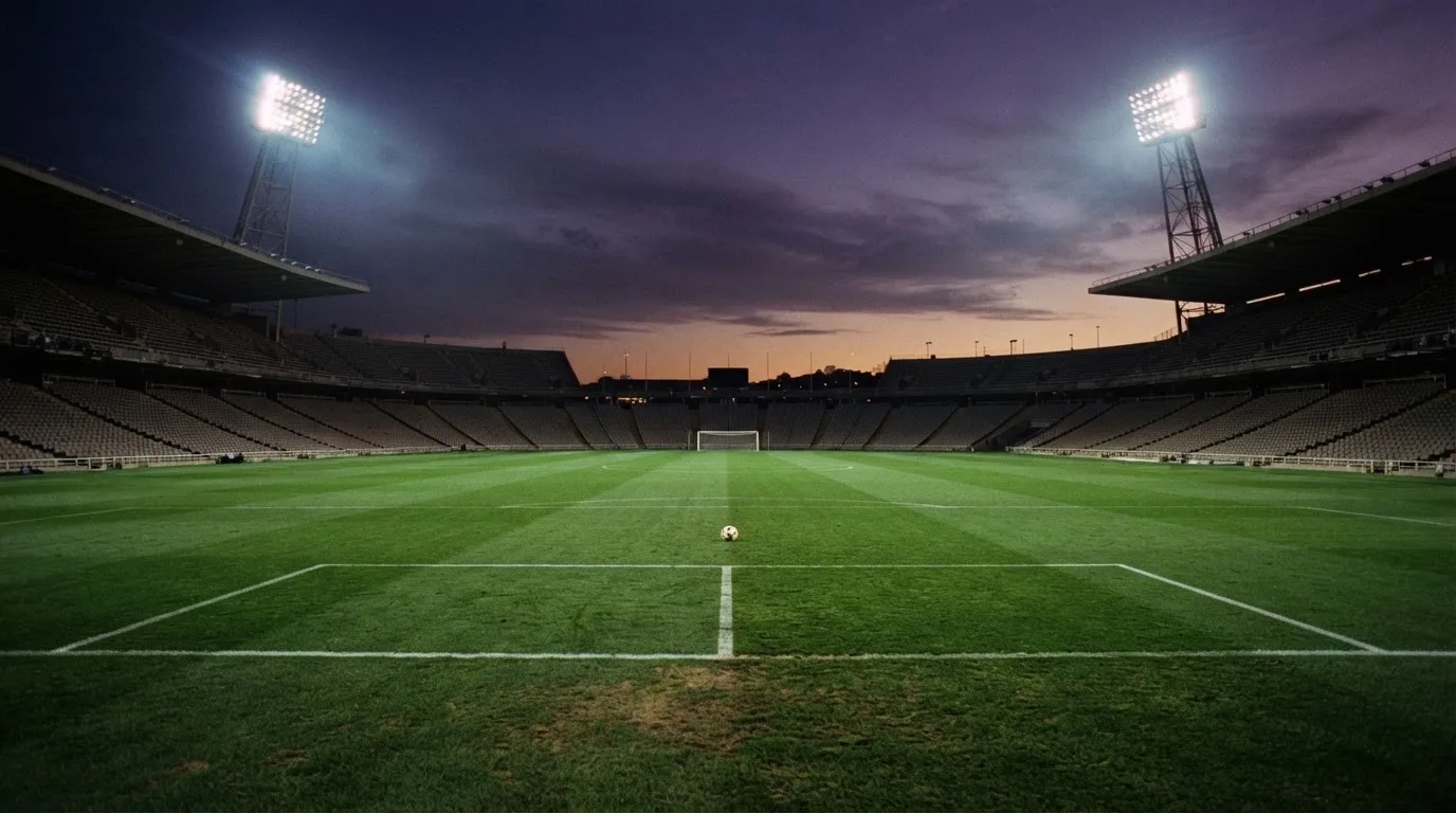 An empty football stadium with floodlight masts at dusk