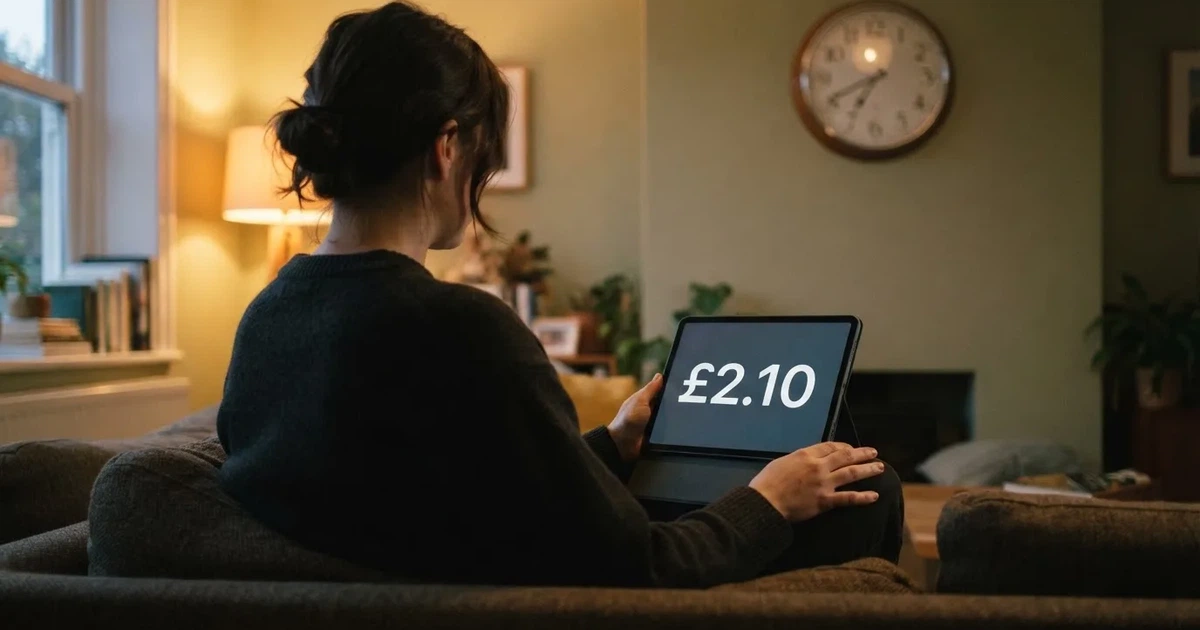 A person on a sofa looking thoughtfully at a tablet, a wall clock in the background