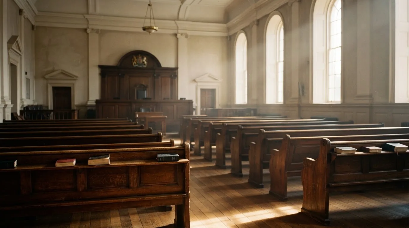 An empty courtroom with wooden benches in morning light