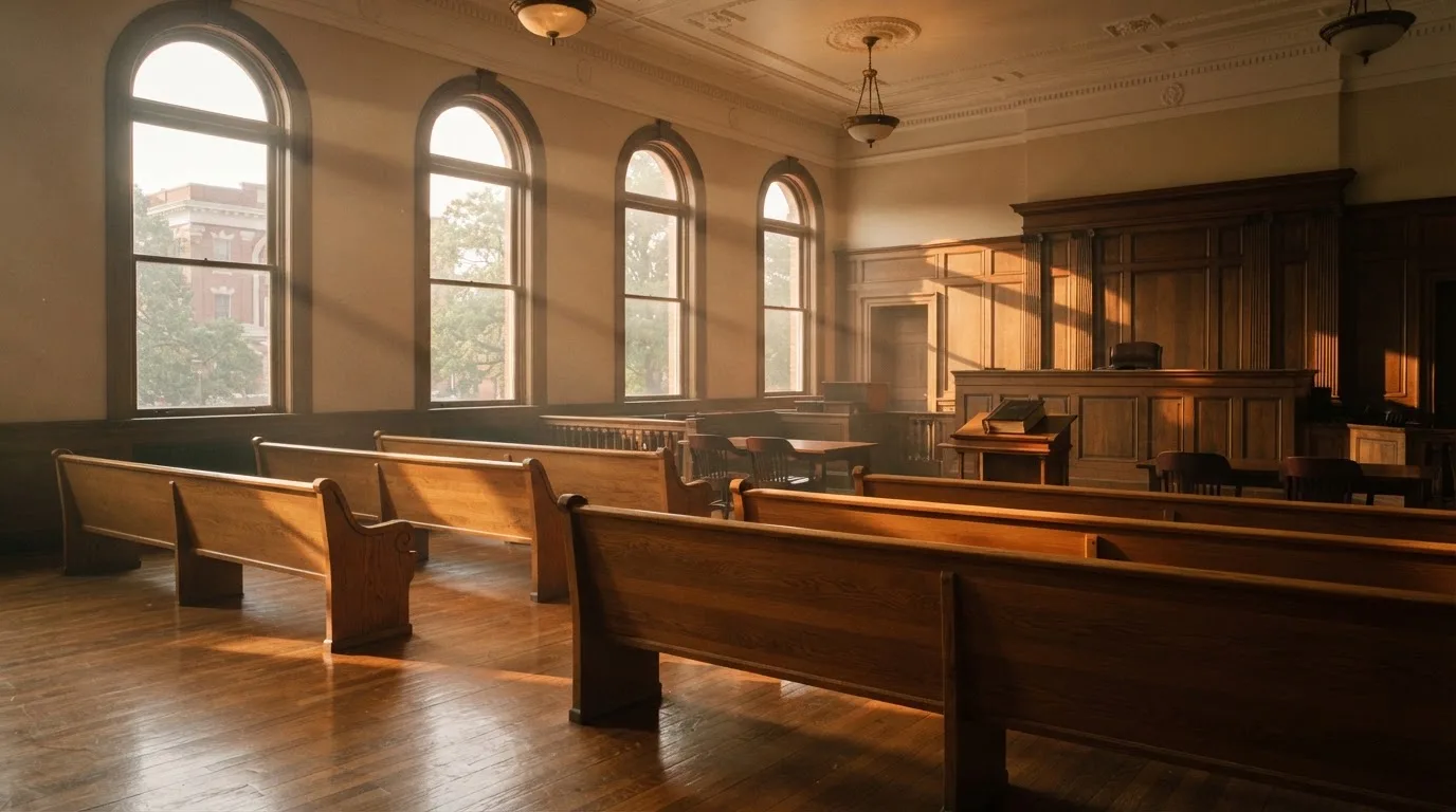 An empty courtroom with wooden benches in morning light