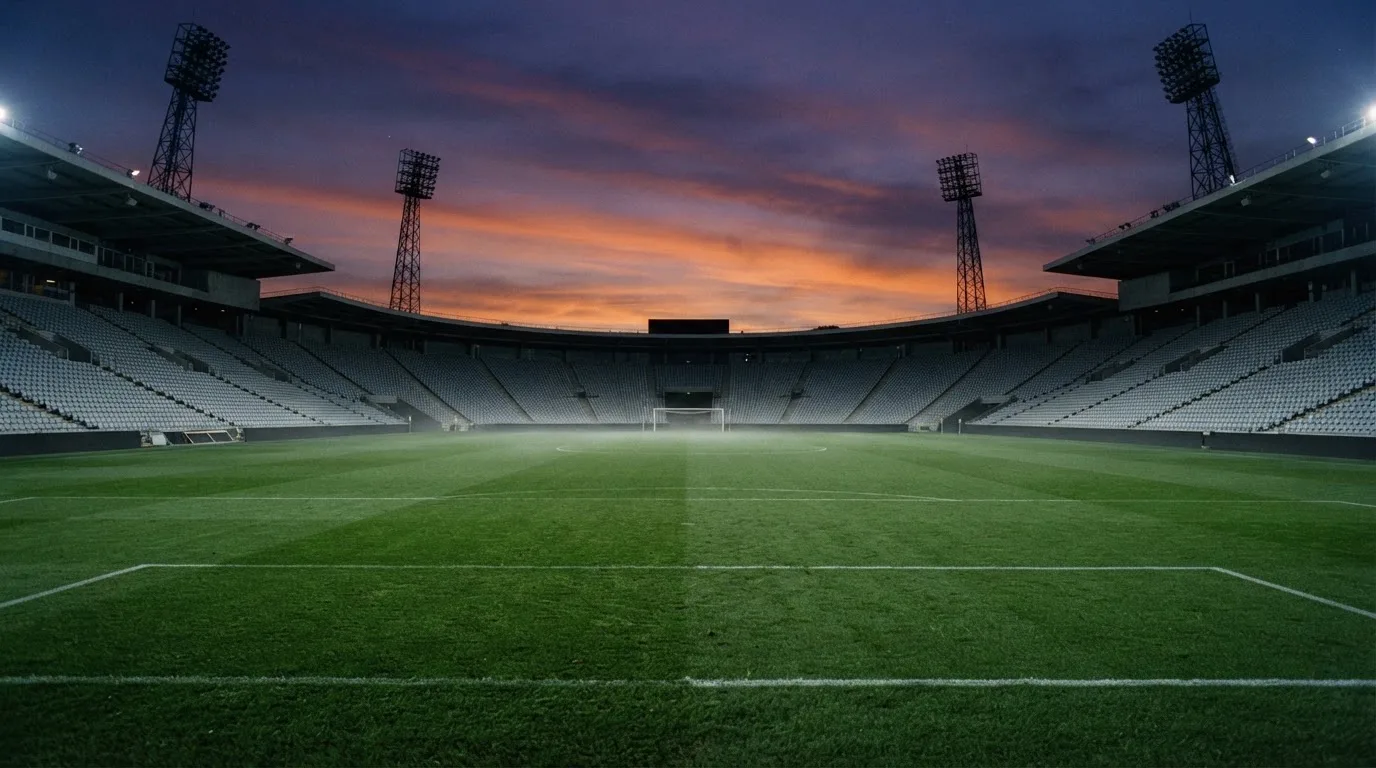 An empty football stadium with floodlight masts at dusk
