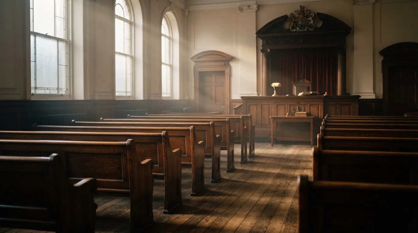 An empty courtroom with wooden benches in morning light