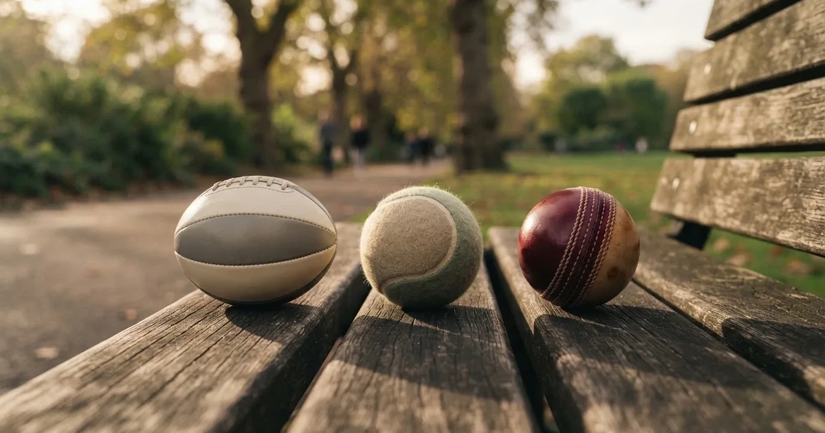 Three balls of different kinds side by side on a wooden bench
