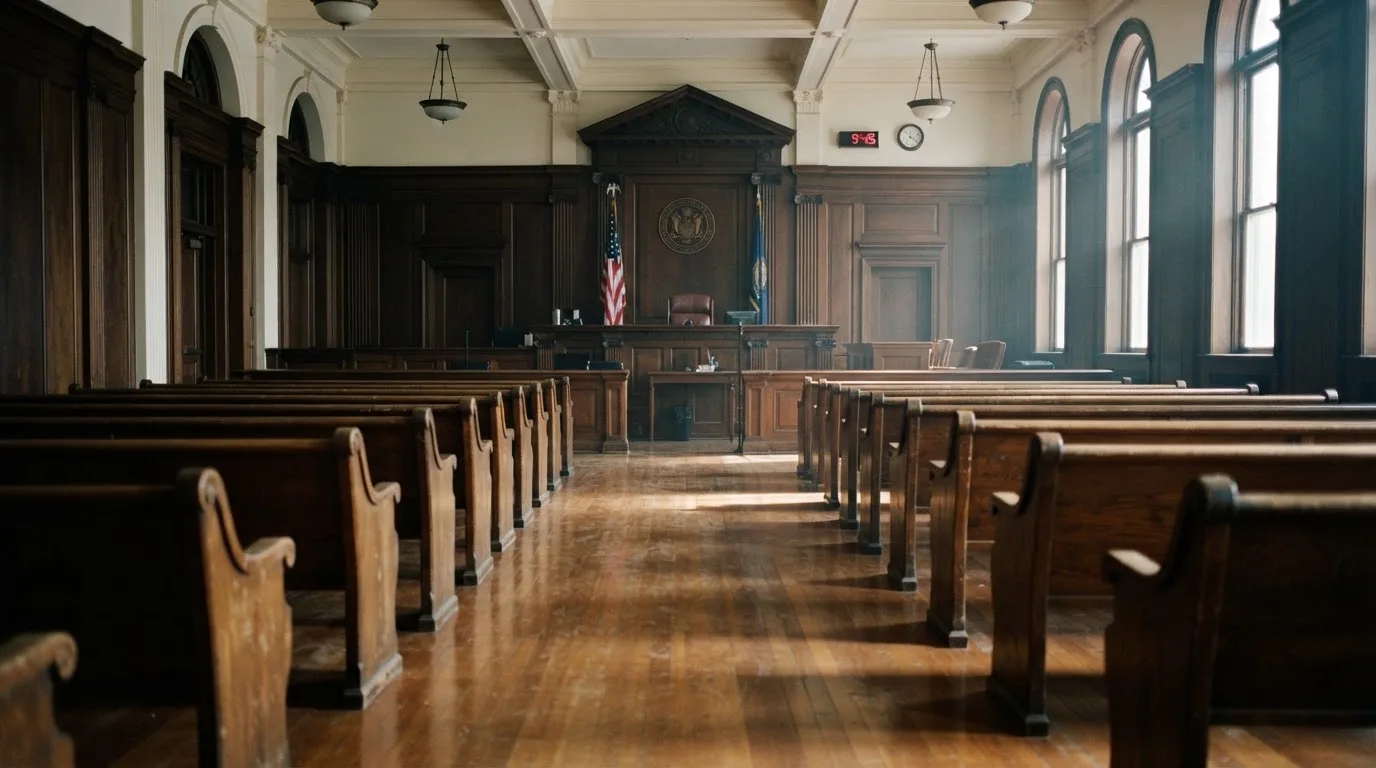 An empty courtroom with wooden benches in morning light